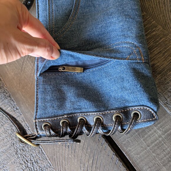 Vintage Denim and Leather Y2K Mini Shoulder Bag Purse Pockets Ties - Picture 4 of 7
